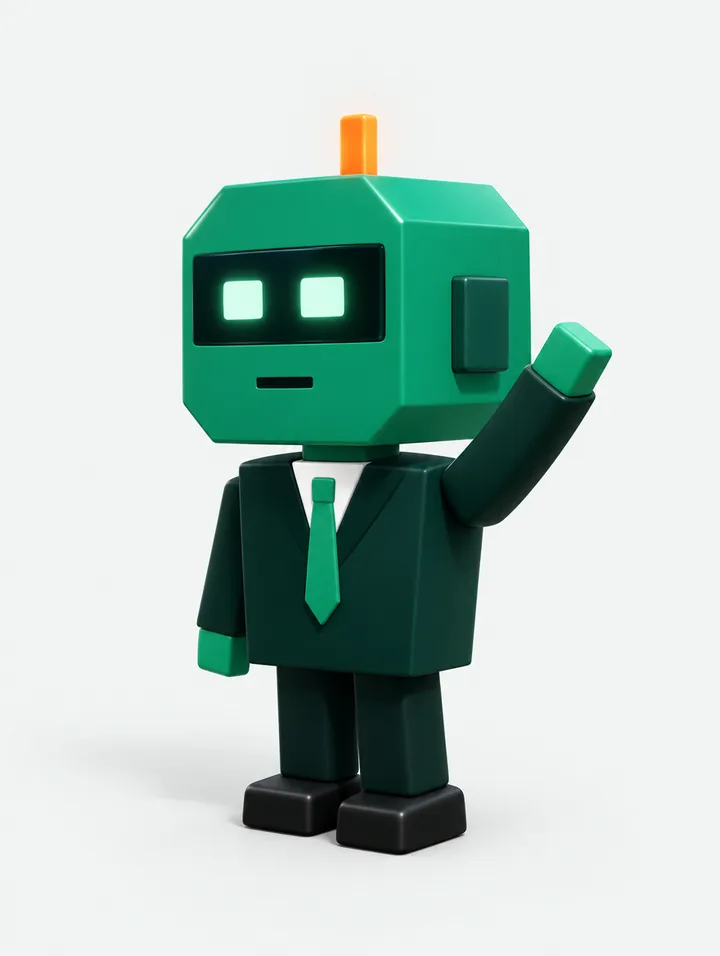 Nexo, the Nexora mascot: a green robot in a suit