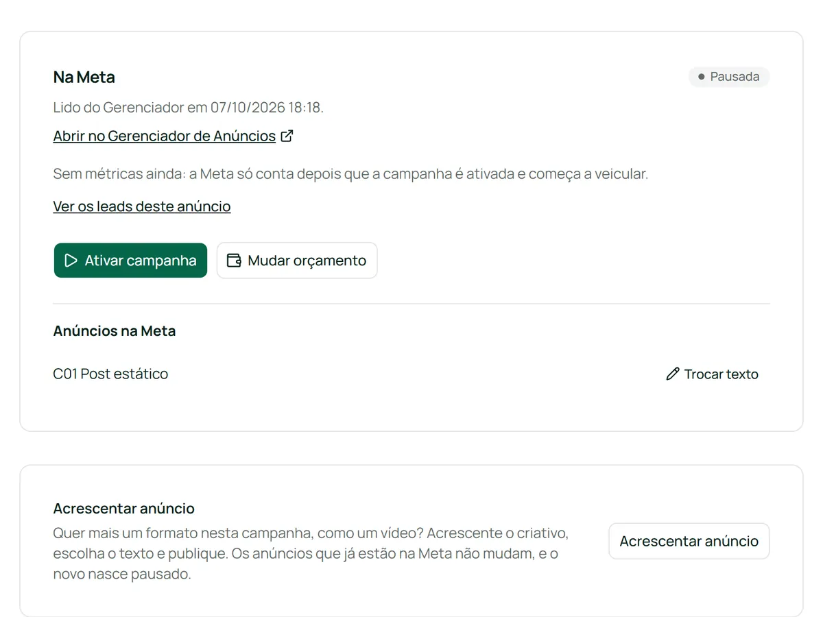Panel En Meta de XAds con los botones Activar campaña, Cambiar presupuesto y Cambiar texto