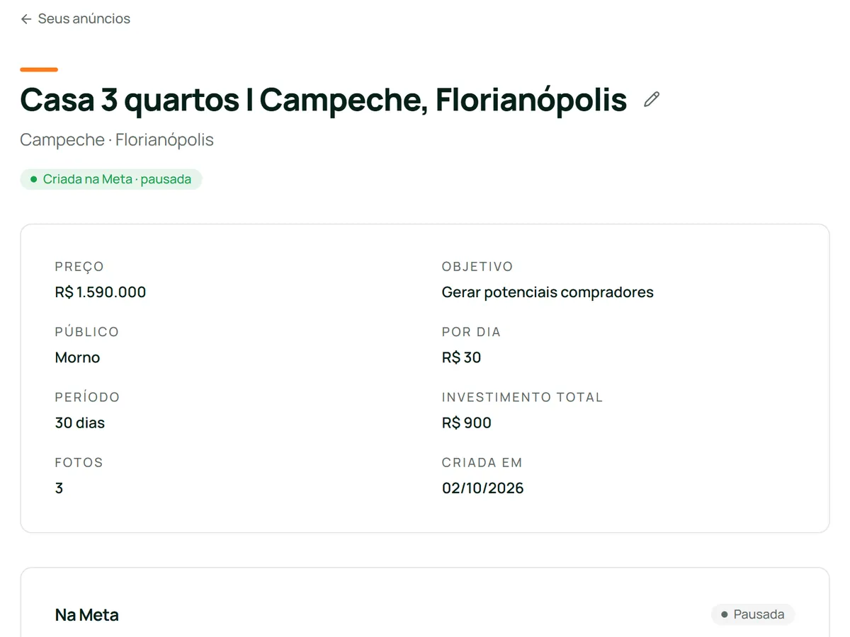 Campaña de XAds para una casa de 3 dormitorios en Campeche, creada en Meta y en pausa, con precio, objetivo, público, monto por día y período