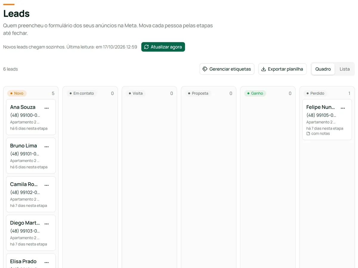 Tablero de leads de XAds con las etapas Nuevo, En contacto, Visita, Propuesta, Ganado y Perdido