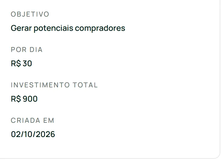 Resumen de la campaña en XAds: objetivo de generar posibles compradores, R$ 30 por día e inversión total de R$ 900