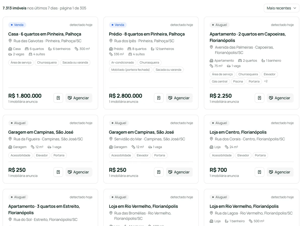 Inmuebles detectados hoy en XFinder, cada uno con barrio, dormitorios, superficie, precio y el botón para captar