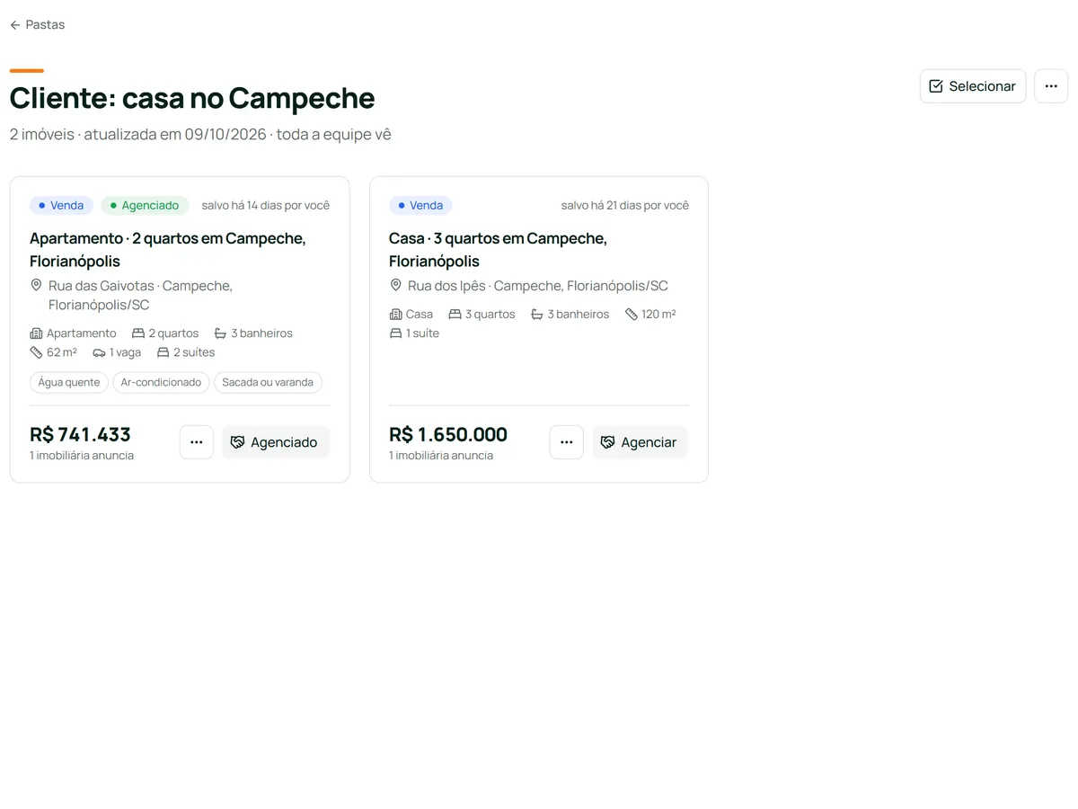Carpeta de XFinder con dos inmuebles guardados en Campeche, uno ya marcado como captado