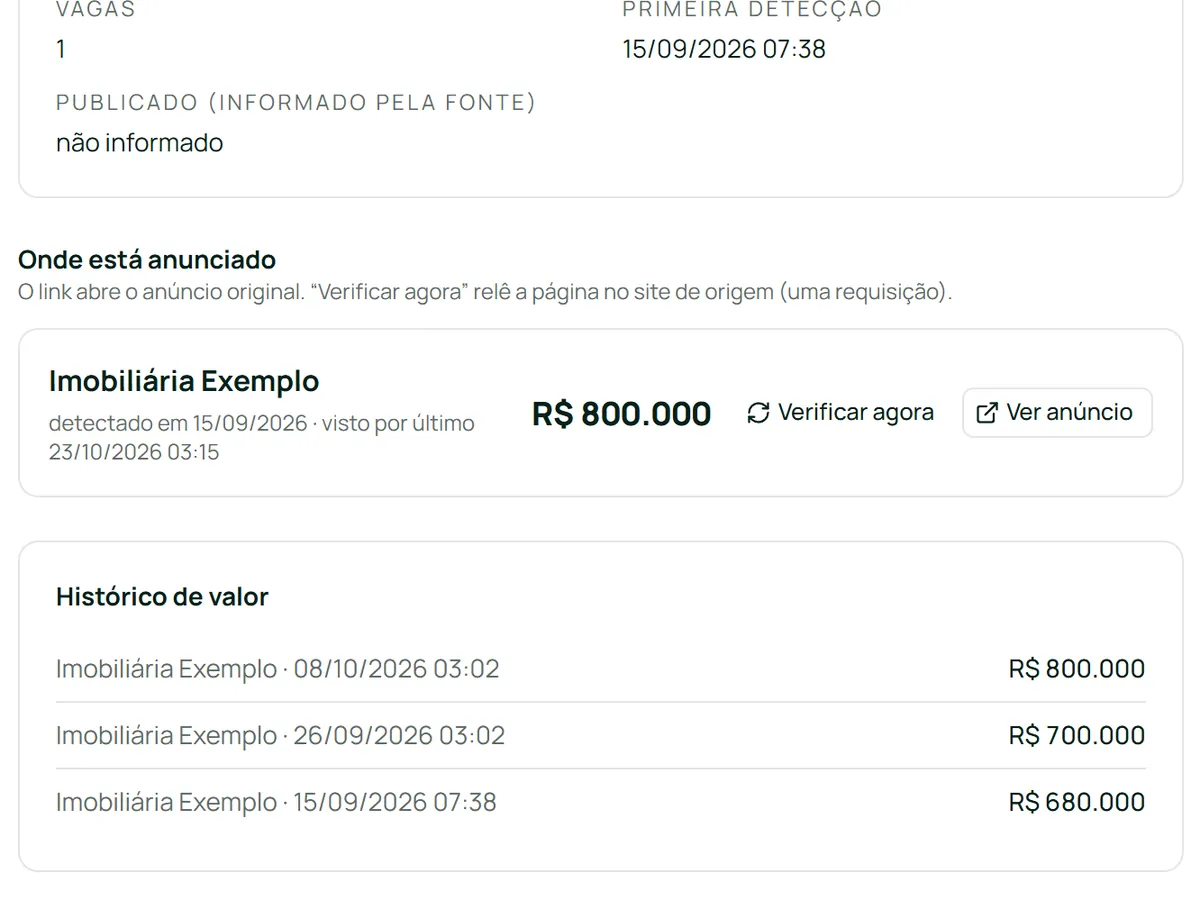 Historial de precio de una casa en Lagoa da Conceição en XFinder, con tres valores registrados en fechas distintas