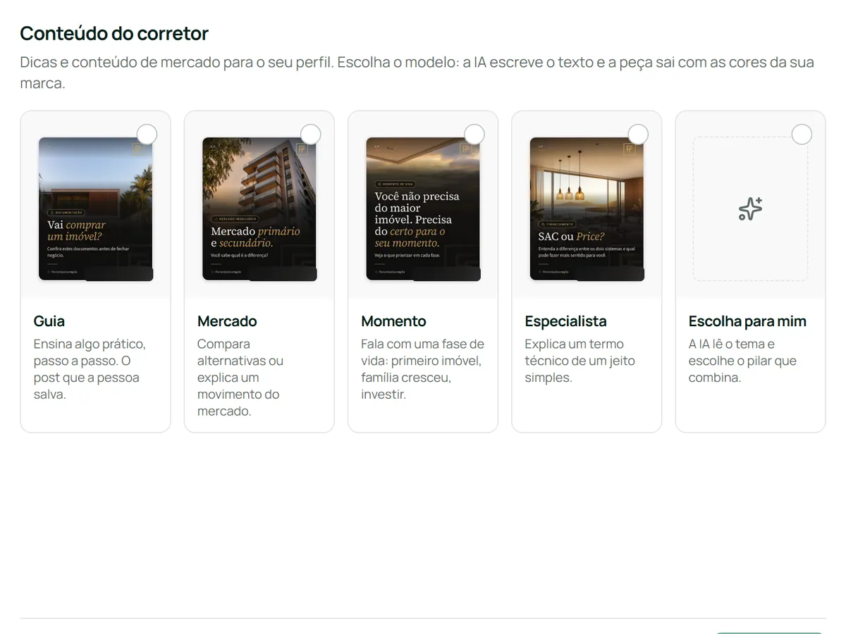 Modelos de conteúdo do corretor no XPost: Guia, Mercado, Momento, Especialista e Escolha para mim
