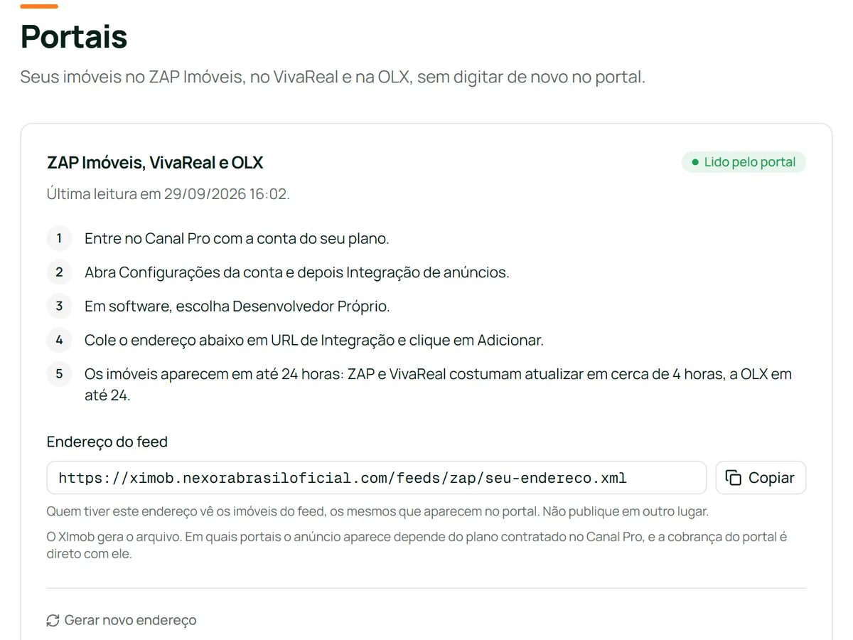 Tela Portais do XPost com o passo a passo do Canal Pro e o endereço do feed para ZAP Imóveis, VivaReal e OLX