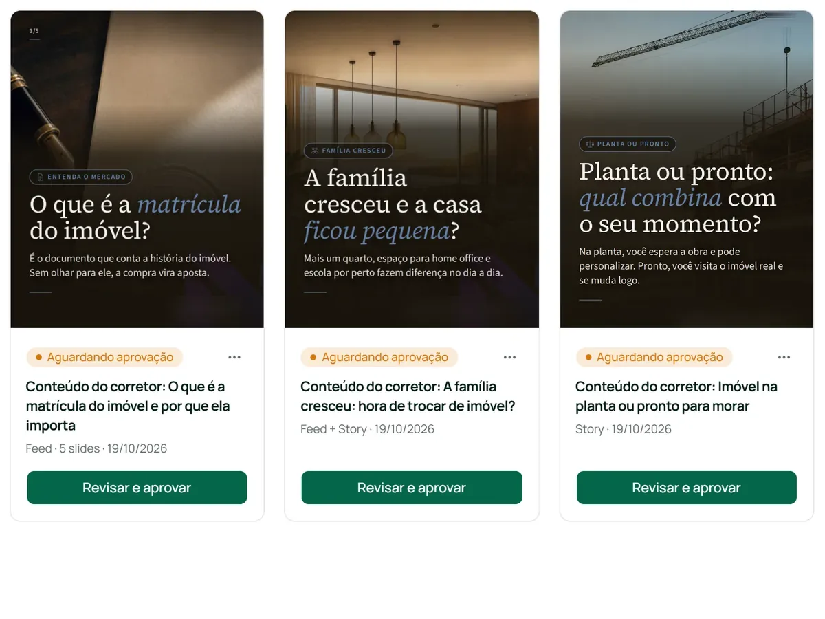 Tela Seus posts do XPost com três peças prontas aguardando aprovação: um carrossel de cinco slides, um post de Feed e Story e um Story
