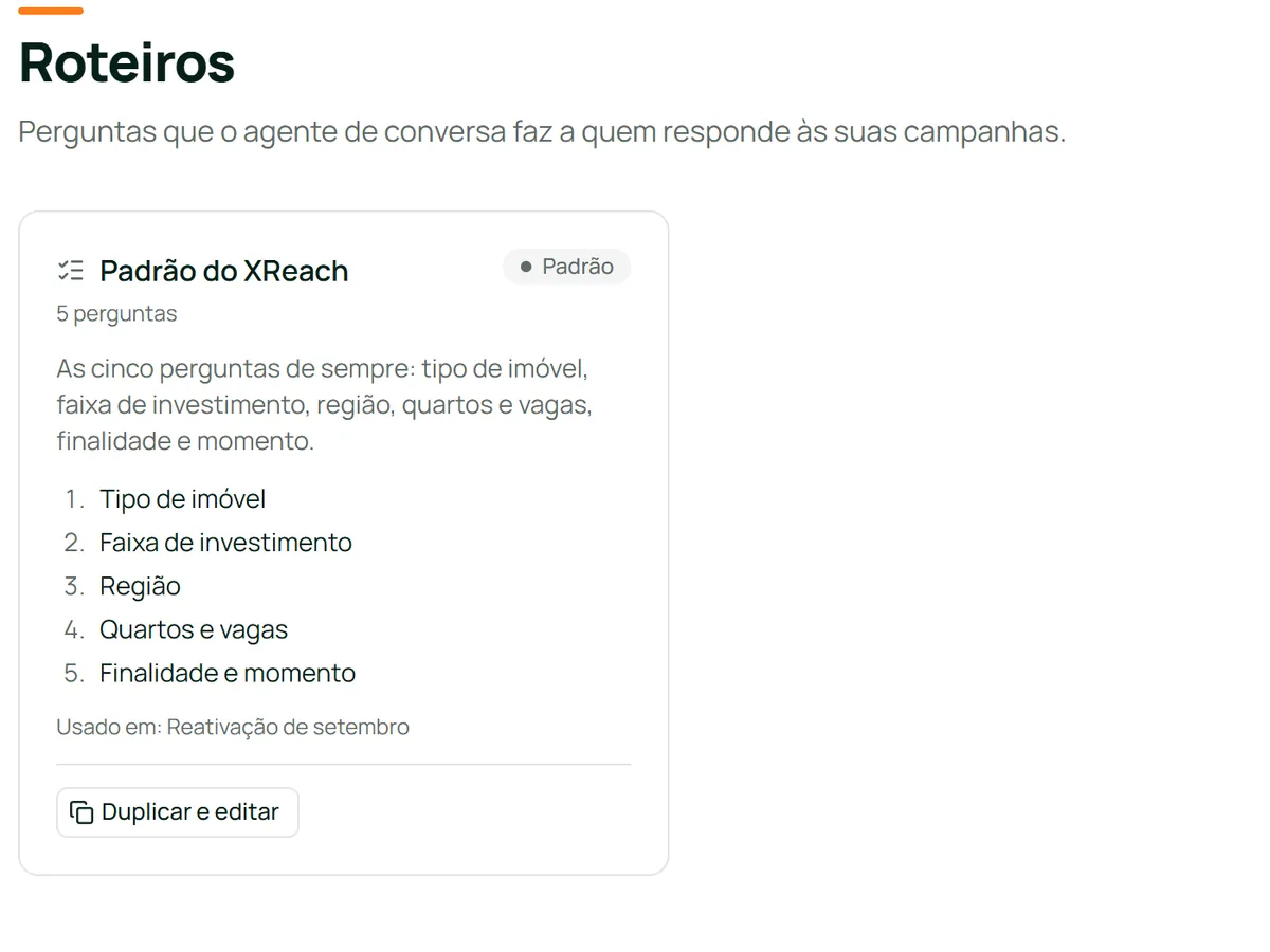 Guion estándar del agente de conversación de XReach con cinco preguntas: tipo de inmueble, rango de inversión, zona, dormitorios y cocheras, finalidad y momento